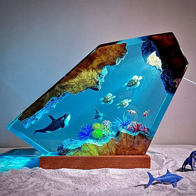 Meeresboden Welt Tauchen Harz Statue Lampe Miniatur Figur Tiefsee Taucher Figuren Hai Schildkröte Tisch Luxus Dekor Nachtlicht