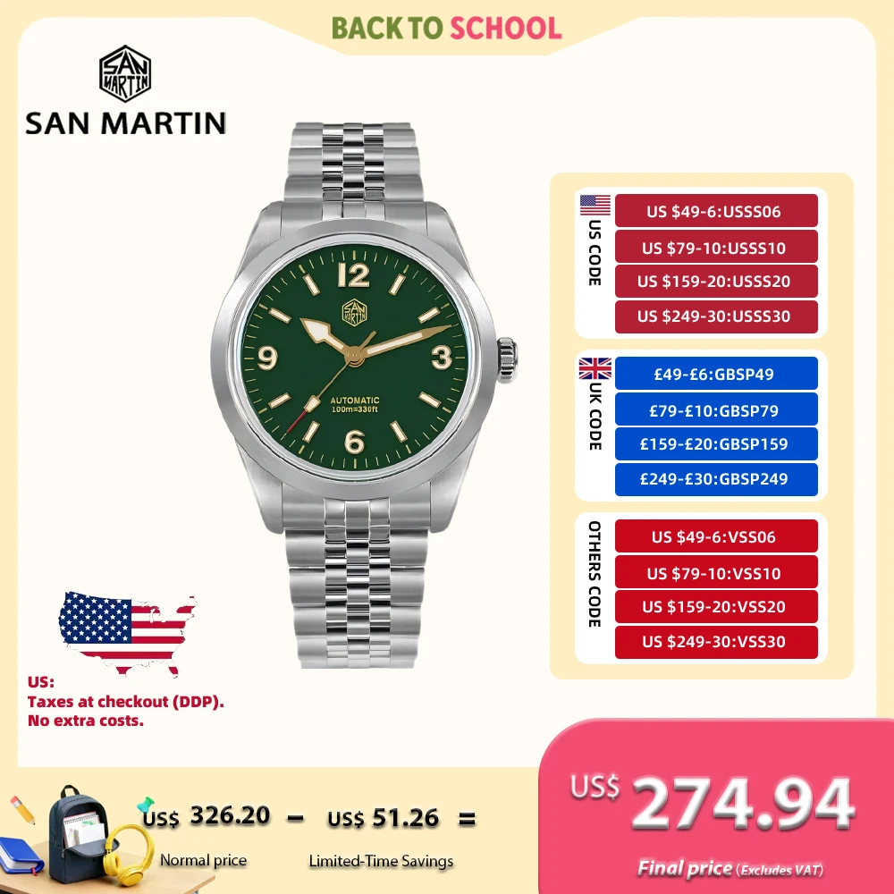 San Martin 38 mm Uhr für Herren, 5-Link-Armband, PT5000/SW200, mechanische Armbanduhr, luxuriös, BGW-9 Lume, 100 m wasserdicht, SN0107B Image