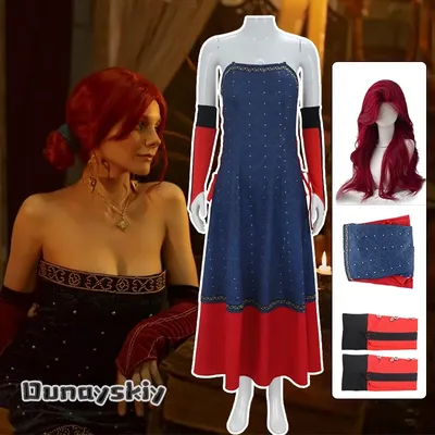 Spiel Triss Cosplay Merigold Kostüm Trägerloses Sexy Kleid Handschuh Uniform Rote Perücke Set Anime Image
