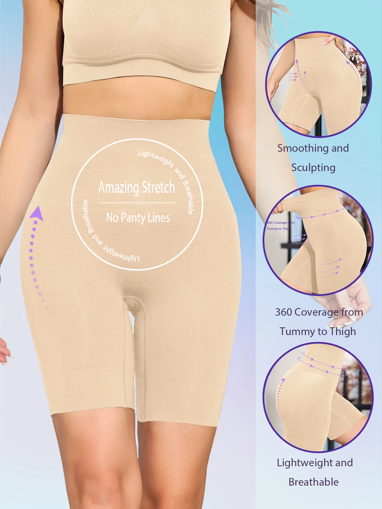 Shapewear für Frauen, hohe Taille, Trainer-Höschen, Bauchkontrolle, Hüfte, Po-Heber, Shorts, schlankmachende Hülle, Damen-Körperformer mit mittlerem Oberschenkel Image
