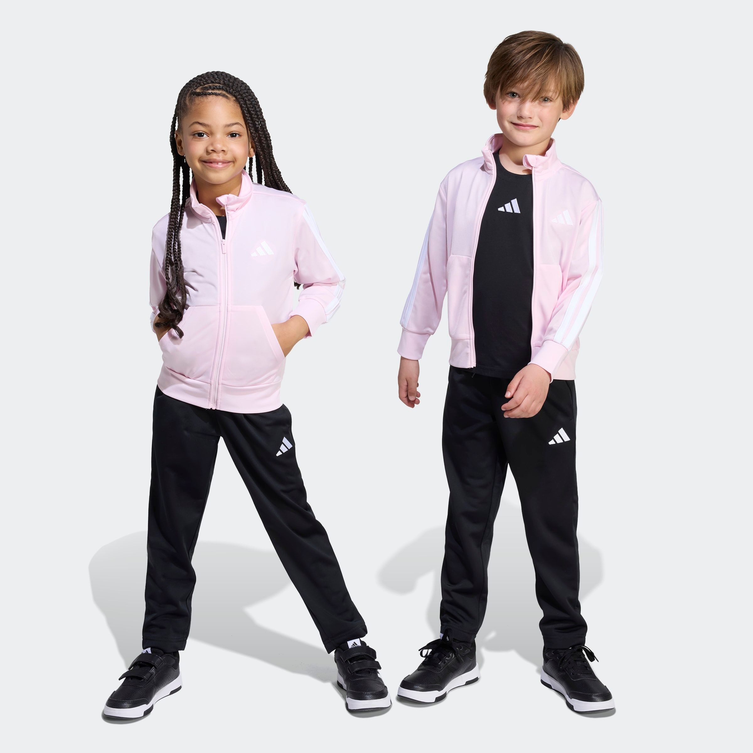 Trainingsanzug ADIDAS SPORTSWEAR "LK 3S TR TS 205", Kinder, Gr. 110, pink (clear pink, weiß, weiß), Obermaterial: 100% Polyester, Sportanzüge Image