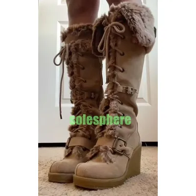Lady Brown Suede Fur Lace-Up Retro Style Boots Wedges Heel Platform Buckle Strap Fur Boots Vintage Style Turn-Over Fur Boots 46