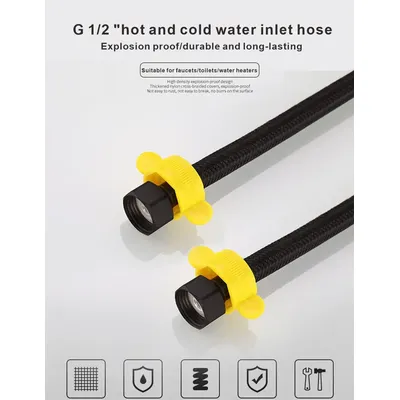 G1/2 Black 30-80CM Nylon Water Inlet Hose Faucet Hose Water Heater Pipe Toilet Connection Kitchen Bathroom Hose All Black Tube