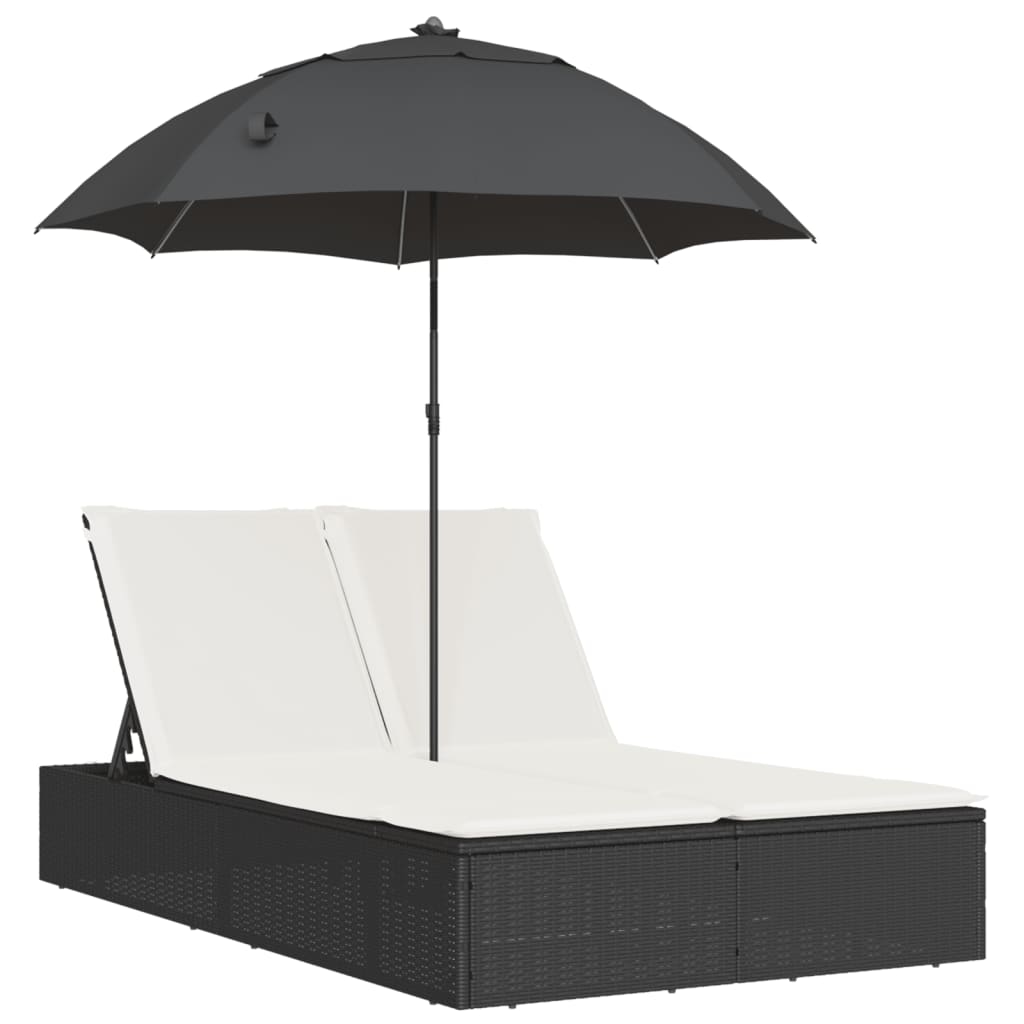 vidaXL Doppel-Sonnenliege mit Kissen&Sonnenschirm Schwarz Poly Rattan Image