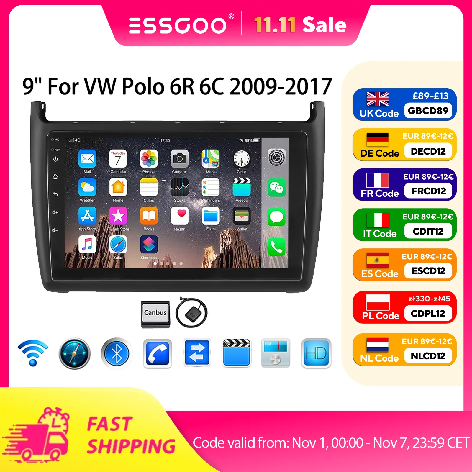 ESSGOO 4+64GB 9" 2 DIN für VW Polo 6R 6C 2009–2017 Android 14 Autoradio Wireless Carplay Android Auto GPS FM WiFi BT Lenkradsteuerung RDS Mirror Link Touchscreen Multimedia Video Player Image
