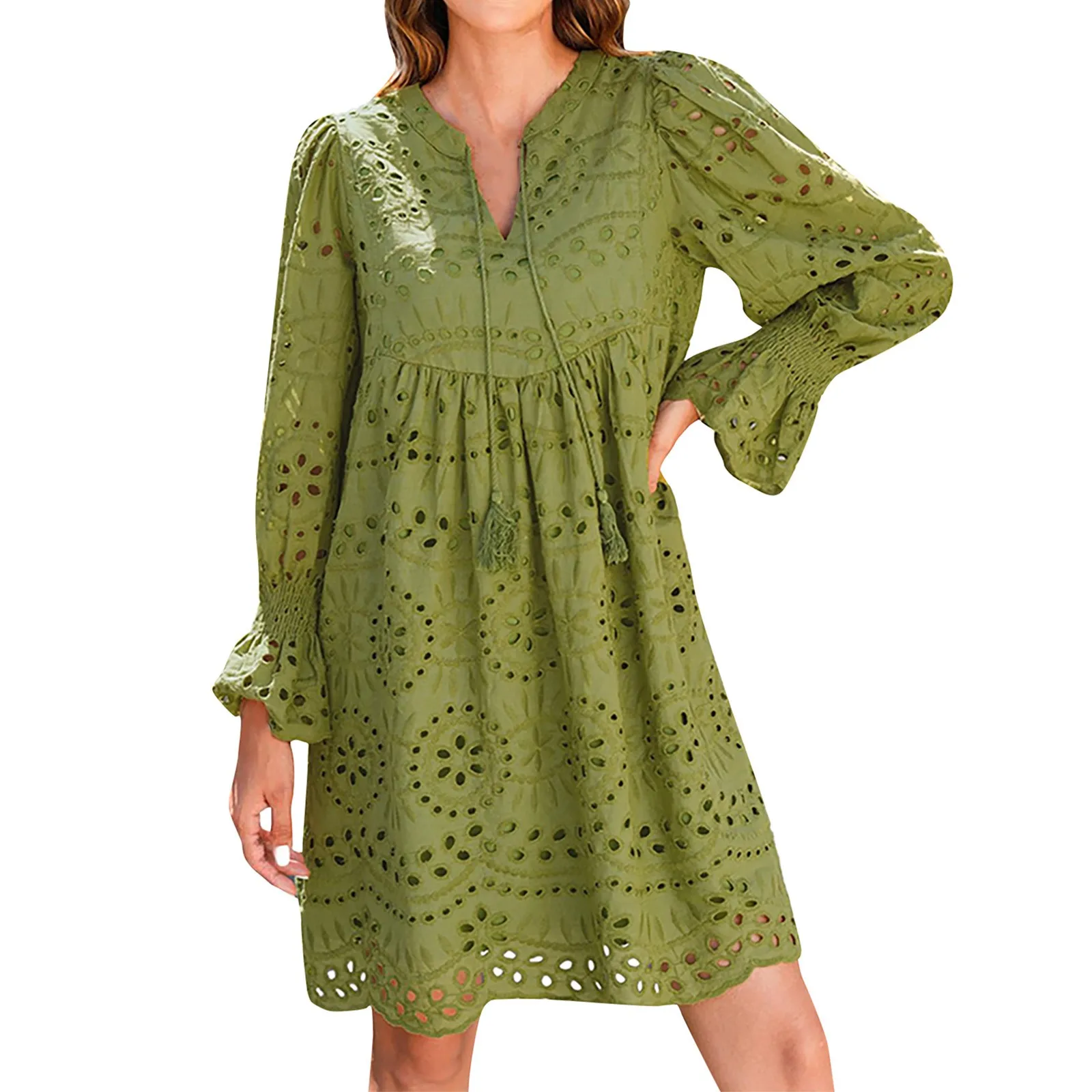 Frauen Frühling Und Sommer Sexy Aushöhlen Spitze Langarm V-ausschnitt Rock Einfarbig Atmungsaktive V-ausschnitt Casual A-linie Kleider