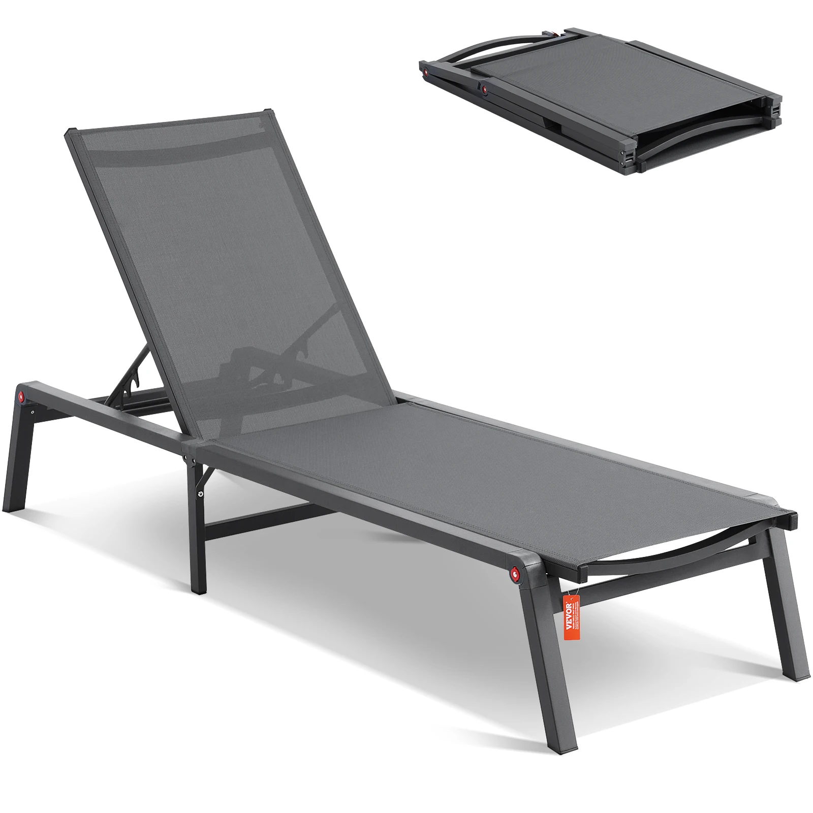 SucceBuy Chaiselongue-Stuhl für den Außenbereich, Aluminium, Terrassen-Lounge, zusammenklappbarer Pool-Lounge-Liegestuhl, voll flach, für Terrasse, Strand, Pool, Dunkelgrau Image