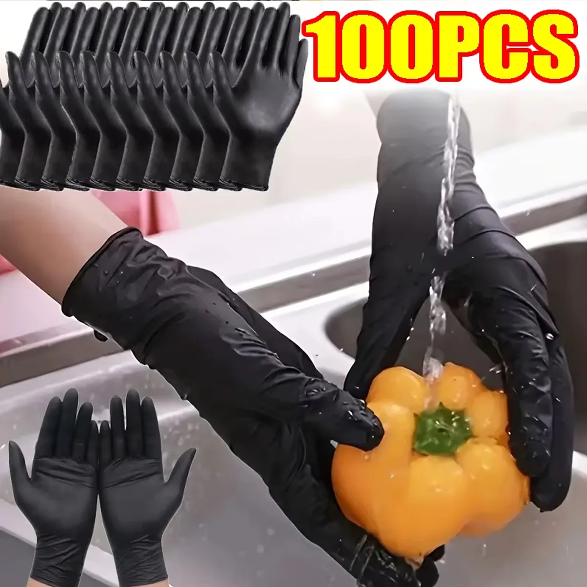 Schwarze Einweghandschuhe aus reinem Nitril, langlebige Haushaltsreinigungshandschuhe, geeignet für die Küchenreinigung von Tätowierungen, Schönheitssalons Image