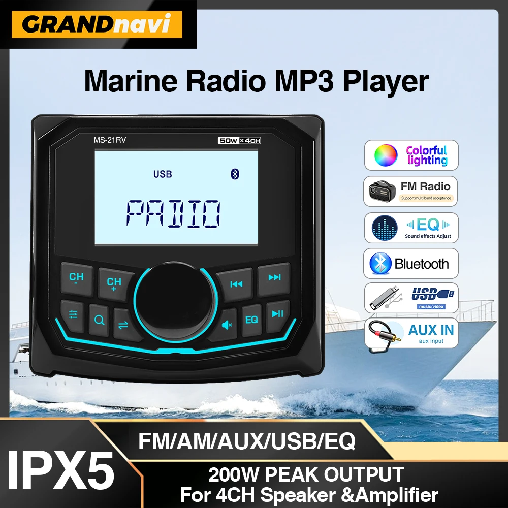 Schwarz Marine Radio Für Yacht ATV UTV Golf Warenkorb Motorrad Boot Stereo FM AM Digital Media Audio Player Bluetooth IPX5 Wasserdicht Image