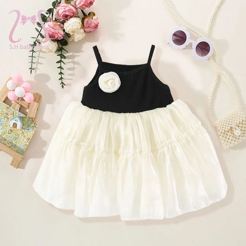 Sommer Ärmellose Kinder Kleidung Einfarbig Spleißen Baby Mädchen Geburtstag Party Kleinkind Sling Mesh Kleid Süße Rose Prinzessin Stil Image