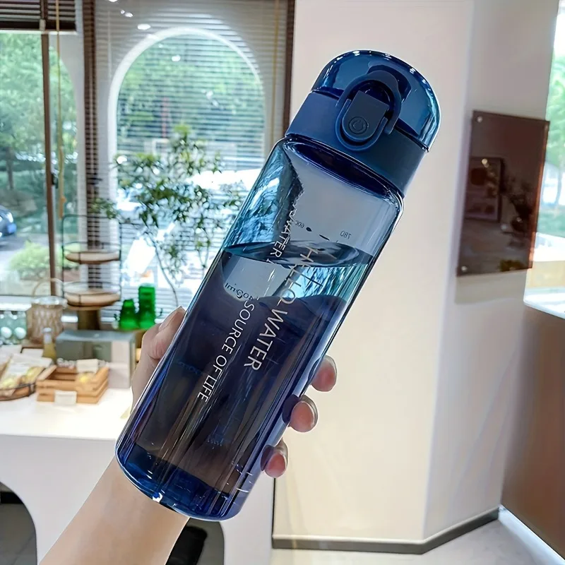 1 Stück BPA-freie Kunststoff-Wasserflasche, auslaufsicher und sturzsicher, transparent, großes Fassungsvermögen, tragbar für den Außenbereich, runde Form Image
