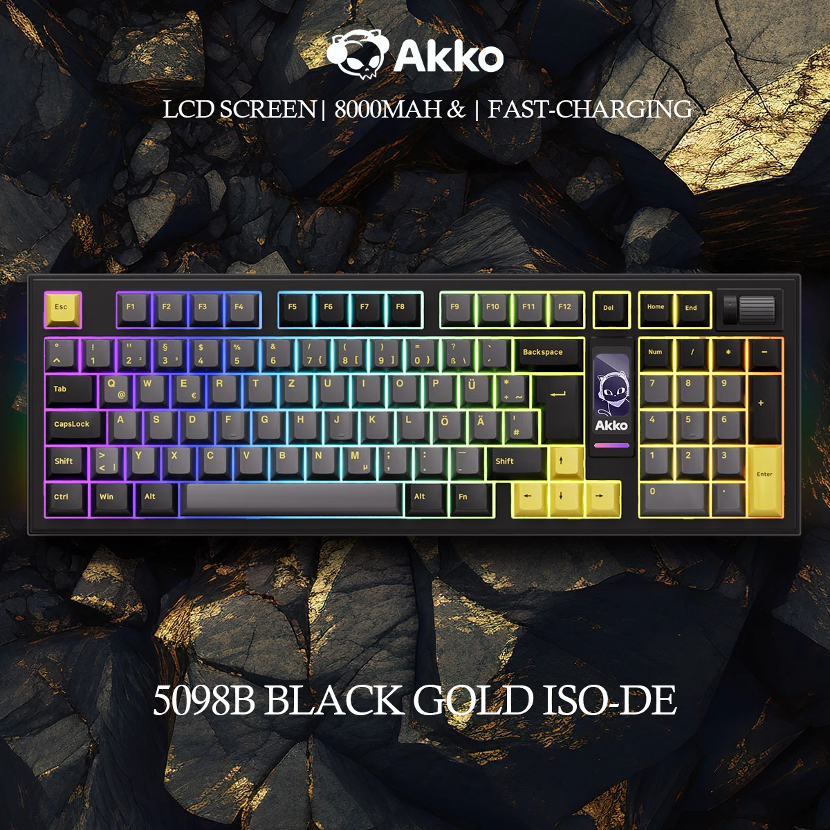 Akko 5098B Kabellose mechanische Gaming-Tastatur in Schwarz und Gold mit TFT-Bildschirm, vertikalem Knopf, 96 Tasten, Hot-Swap-fähige RGB-Gaming-Dichtung mit Hintergrundbeleuchtung Image