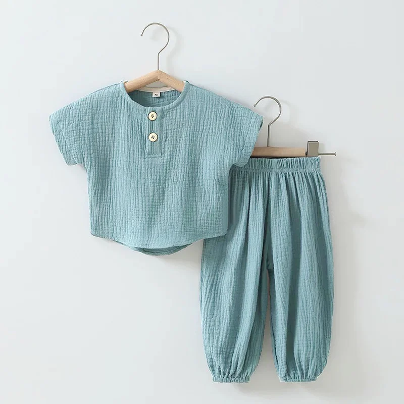 Sommer Baby Boy Casual Outfits Solide Bio-Baumwolle Kleinkind Kurzarm Top + Hose Kinder Kleidung Anzug Image