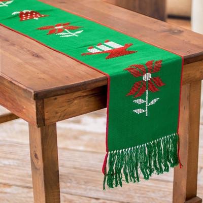 'Christmas-Themed Handwoven Fringed Green Cotton Table Runner'