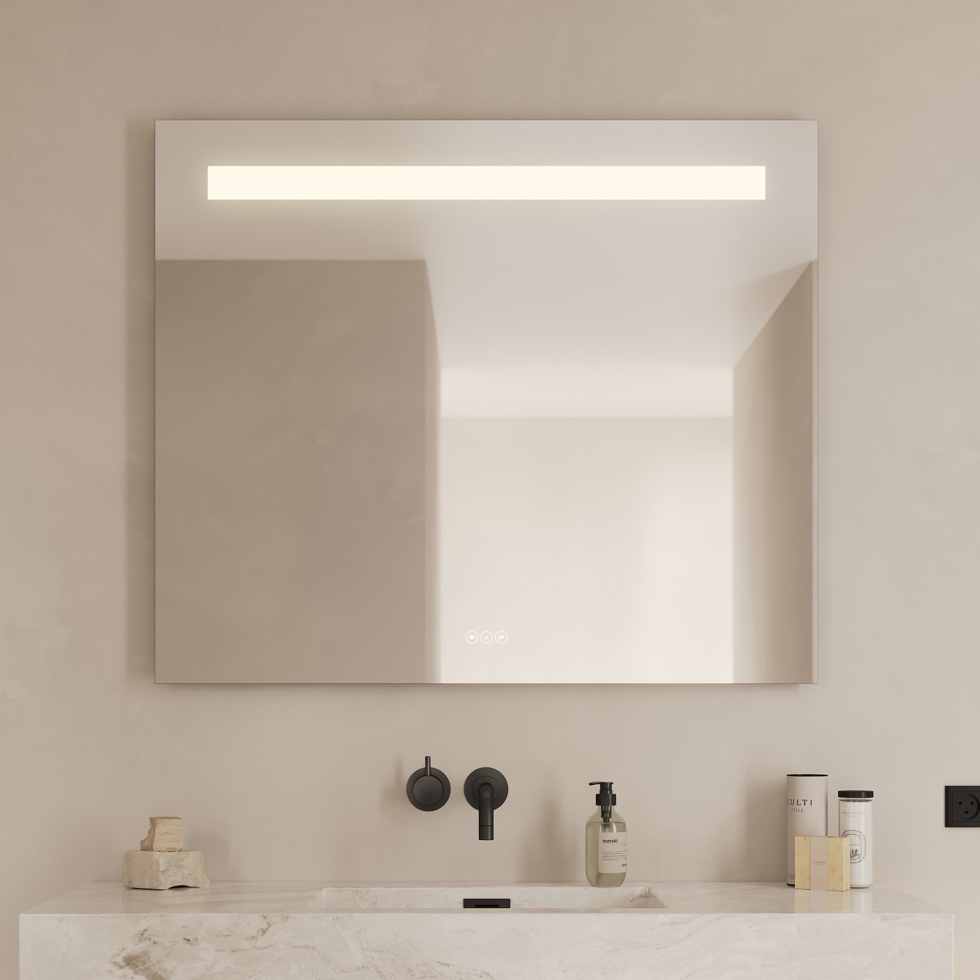 Badspiegel LOEVSCHALL "Lökken Quadratisch, Badzimmerspiegel mit LED Beleuchtung, Lichtspiegel", silber (silberfarben), Spiegel, B/H/T: 100cm x 85cm x 3,5cm, Spiegelglas, Touchpanel für Lichtsteuerung, Verstellbarer Spiegel, Dänisches Design, B:100cm... Image