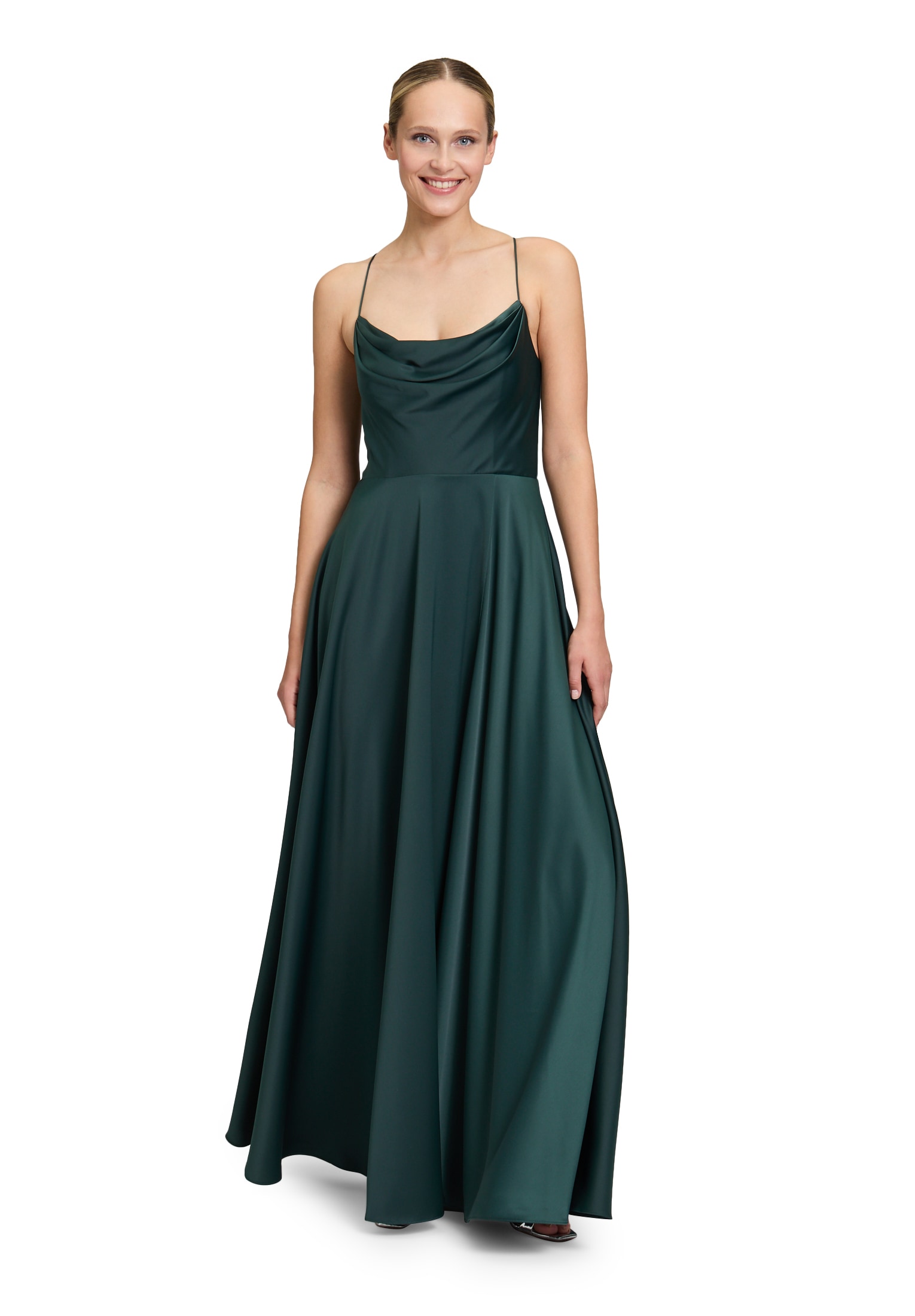 Abendkleid VERA MONT "Damen Abendkleid mit Wasserfallausschnitt", Damen, Gr. 42, Normalgrößen, grün (dusty slate), Satin, Obermaterial: 97% Polyester, 3% Elasthan. Futter: 100% Polyester., figurumspielend lang, Wasserfallausschnitt, Kleider, Material Image