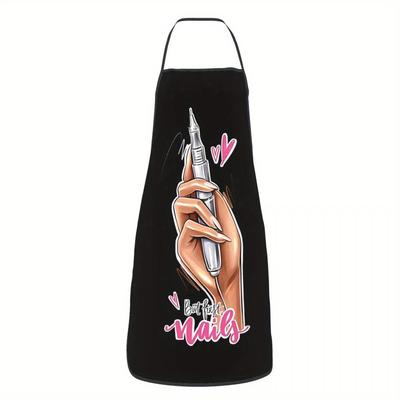 "TEMU 1pc Unisex ""but "" Chef Apron - Black With Pink Heart & Nail Polish Design, Durable Polyester Kitchen Apron For Cooking, Baking, Bbq, Picnics - Adult , Bbq Essential, Design, Functional Pockets"