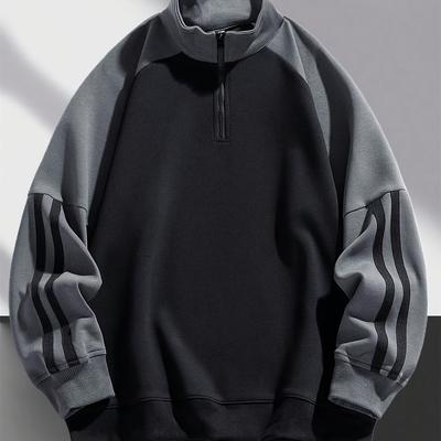 TEMU Obm 2025 Men's Casual Color Block Zip-up Sweatshirt - Polyester Blend, Stand Collar, Long Sleeve With Striped Cuffs & Hem, Machine Washable For Image