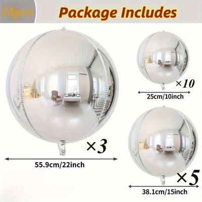 TEMU 18pcs Of 4d Round Aluminum Foil Balloons - Sparkling Balloons, 360 Balloons, Metal Balloons, Silvery Balloons, Aluminum Foil - Summer Pool Party Decoration, Photography Props/ Photos
