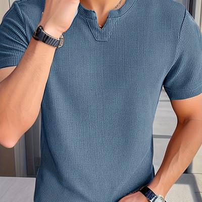 TEMU Men's Summer Waffle Knit Small V-neck T-shirt Breathable Casual Solid Color Regular Fit For Adults Image
