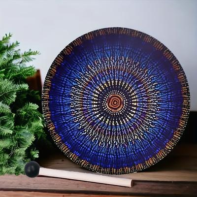 TEMU Mystical Chakra Tree Goddess Moon Drum With Beater - , Golden & Brown - Intricate Design For Meditation And , Sound Drum | Intricate Mandala Drum | Decorative Beate Image