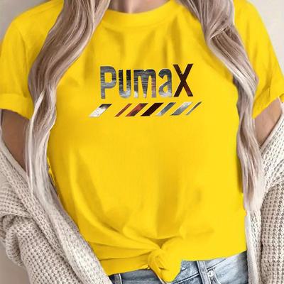 TEMU Women's Graphic Tee - Casual Yellow Short Sleeve T-shirt With Brand Logo Print, Round Neck, Machine Washable, Spring/summer , Casual Wear|graphic Tee|machine Washable Top Image