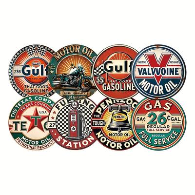 TEMU 8pcs Vintage Round Metal Tin Signs - Retro Gas Station Wall Art For Bar, For Man Cave, Garage, Auto - 8x8 Inch Iron Decor With Oil Logos - No Electrical Needed, Metal Outdoor Decor Image
