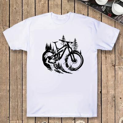 TEMU Men's Mountain Bike Graphic T-shirt - Soft Cotton, Casual Round Neck Tee With Black Silhouette Design, Fit, Casual Attire Or Holiday Gifts Image