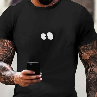 TEMU Graphic Print Men's Short-sleeve T-shirt - Black With , Breathable Stretch Fabric, Regular Fit Casual Summer Tee For Outdoor Activities, Classic Round Neckline, Medium Elasticity Fabric Image