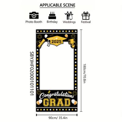 "TEMU 2025 Graduation Porch Banner - 35.4" X " Durable Polyester Photo Booth Prop With "congrats Grad" Design, Graduation Cap & Trophy Decor For Outdoor Celebrations" Image