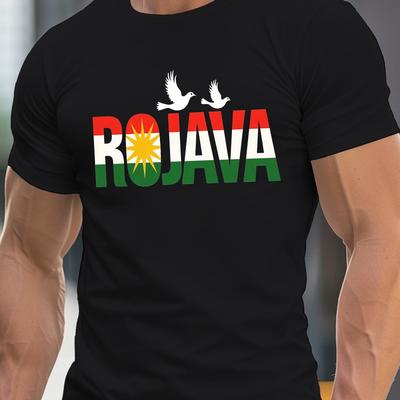 TEMU Men's Rojava Flag Colors Print T-shirt - Lightweight Crew Neck Short Sleeve Casual Top, Comfortable Summer Tee With Graphic Design, Summer Casual Wear | Graphic Tee | Lightweight Image
