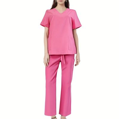 TEMU Solid-color V-neck Short-sleeved Top With Pockets With Drawstring Pants, A Uniform Cleaning Set Image