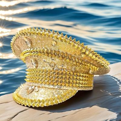 TEMU Hongluan Sparkling Rhinestone Steampunk Captain Hat - Glitter Military Style Party Hat For Burning Man, Music Festivals & Summer Raves | / Accessories With Rhinestones & Image