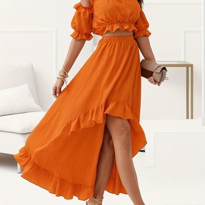 TEMU Elegant Off-shoulder Ruffle Hem Bodycon Skirt Suit - Vibrant Orange, Polyester, Non-stretch Fabric, Spring/summer, Adult Women's Fashion, Casual Attire|ruffle Hem Skirt Suit|polyester Fabric Image
