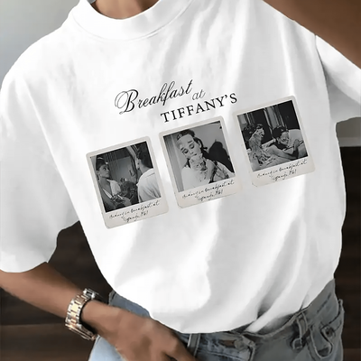 TEMU 1pc Women's Casual Short Sleeve T-shirt - Breakfast At Graphic Print, White Crew Neck, Machine Washable, Fit Image