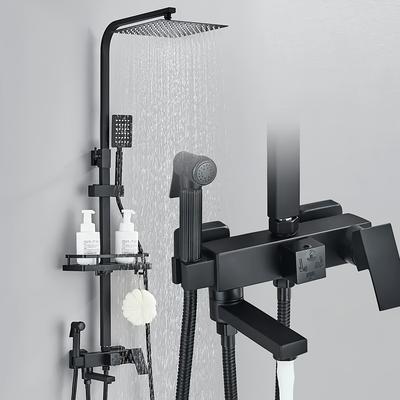 "TEMU Luxurious 12" Matte Black Shower Set With & Handheld Spray - Wall Mounted, Dual-function, Brass, No Electricity Required - Includes Adjustable Shelf, Tub Faucet & Shower Head For Modern Bathrooms" Image