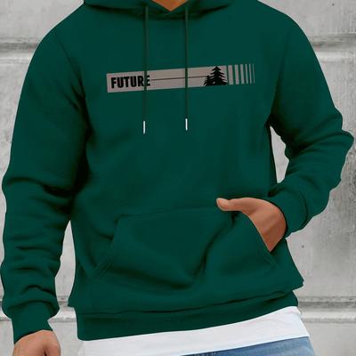 TEMU Men's Fall/winter Casual Hooded Sweatshirt With Geometric Pattern - Knit Fabric Regular Fit Hoodie With Kangaroo Pocket, Polyester (95%) And Elastane (5%) With Stretch Image