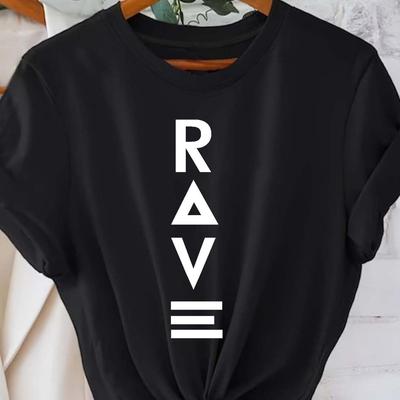 TEMU Women's Casual Short Sleeve T-shirt - Black With Vertical White Rave Print, Relaxed Fit Round Neck, Machine Washable , Rave Clothing, Classic Round Neck, Nontransparent Fabric Image