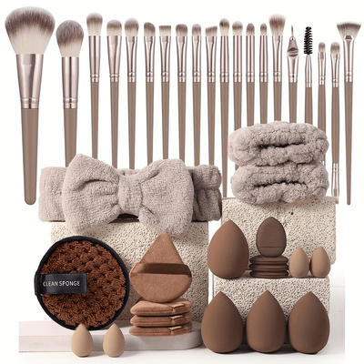 TEMU Professional Makeup Brush Set In Combination Light Beige - 20/40pcs With High-quality Nylon Bristles, Headbands, Sponges & Velvet Applicators, Abs Plastic Handles, Fragrance-free Image
