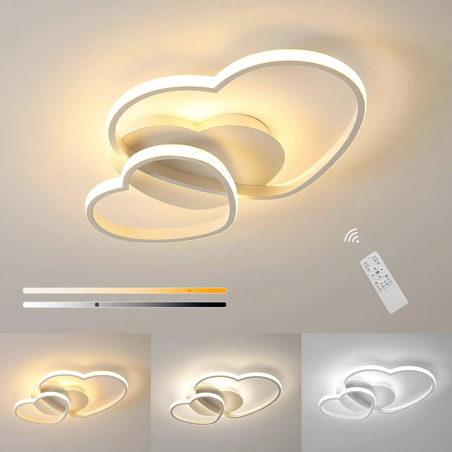 Dimmbare LED-Deckenleuchte, 64 W Herz-Deckenleuchte 3000 K/4500 K/6500 K, Kronleuchter weiß mit Fernbedienung für Kinderzimmer