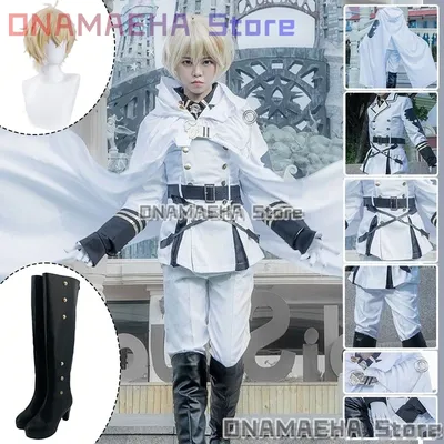 Mikaela Hyakuya Cosplay Anime Seraph Of The End Kostüm Halloween Weißer Umhang Trenchcoat Hosen Handschuhe Perücke Uniform Rollenspiel Image