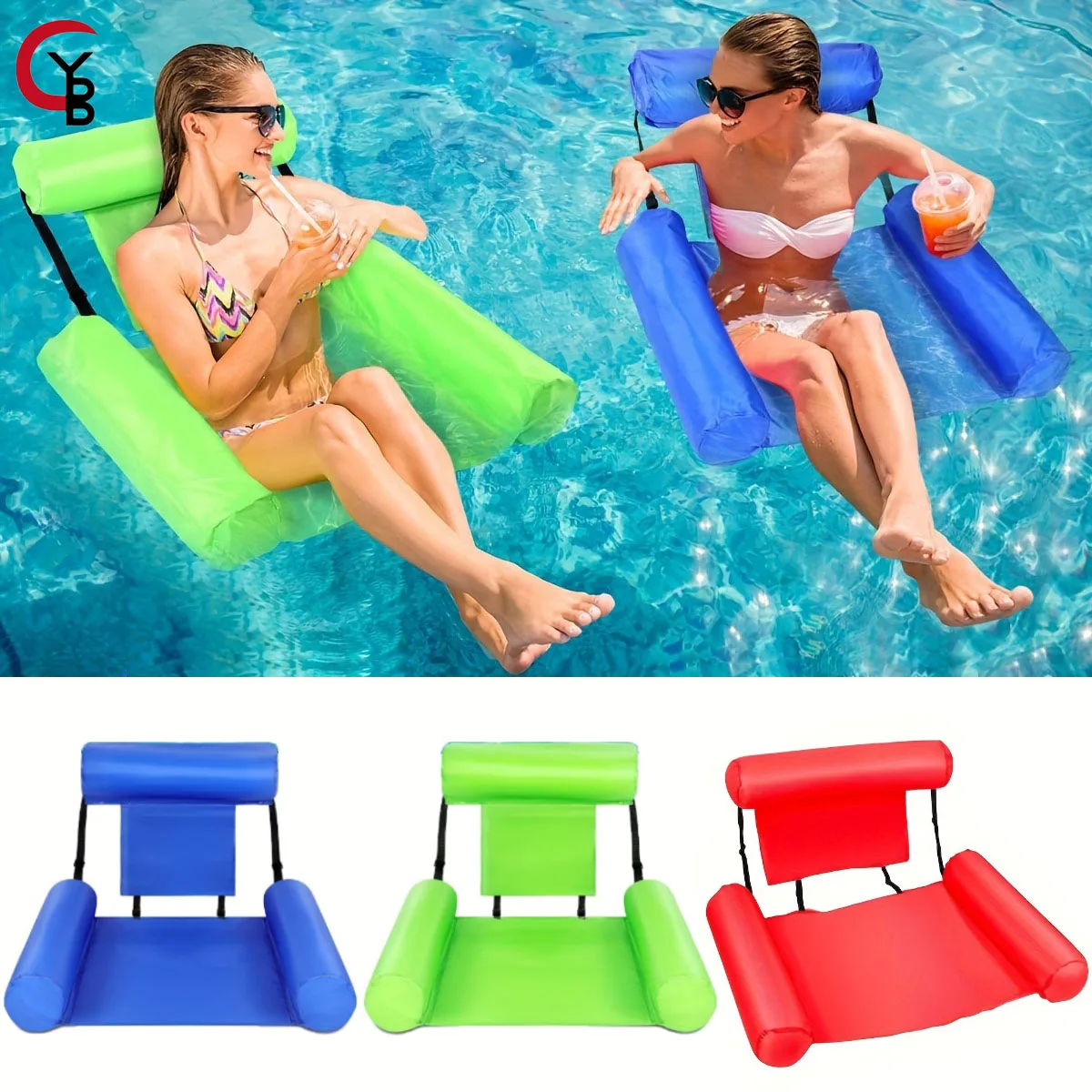 Aufblasbarer schwimmender Lounge-Stuhl – langlebiges, faltbares PVC-Wasserbett mit doppeltem Verwendungszweck und Rückenlehne, für Pool, See, Strand, Pool-Entspannung Image