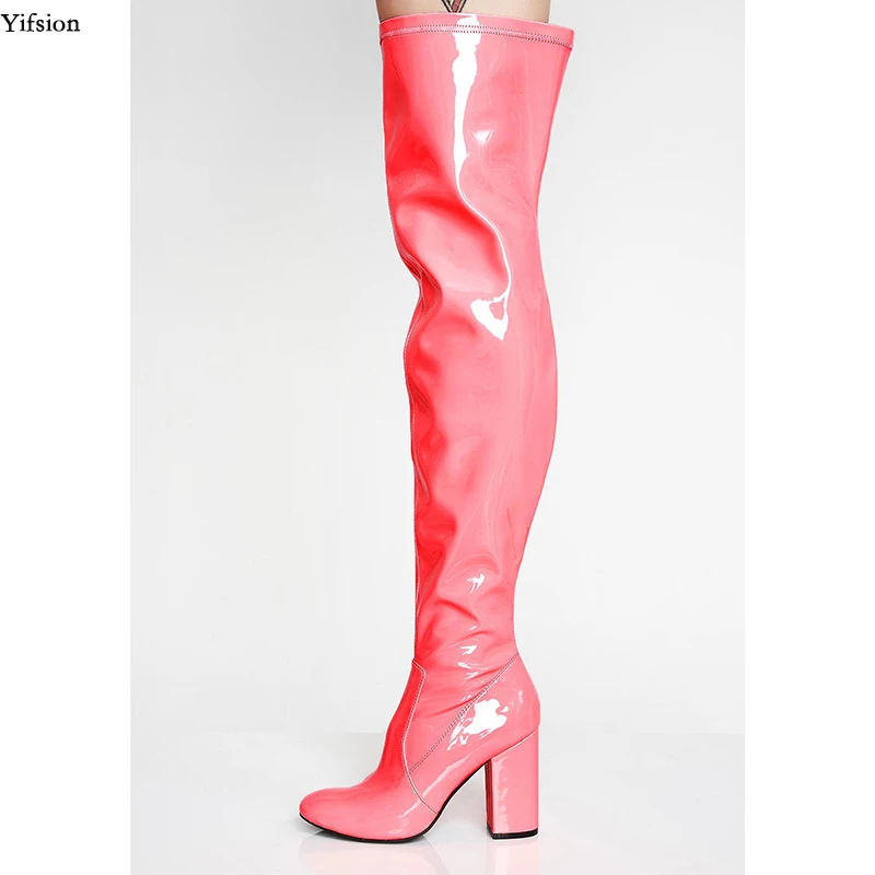 Olomm Stilvolle Damen-Winter-Overknee-Stiefel, quadratische High-Heels-Stiefel, schöne runde Zehen, 7 Farben, Party-Schuhe für Damen, US-Größe 4–16