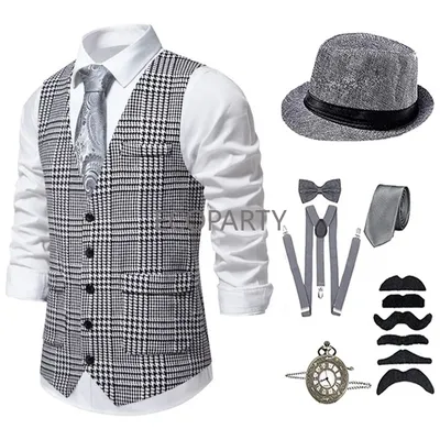 Neue gionforsy 1920s Herren Gatsby Gangster Kostüm Opa Zubehör Set 20s alten Mann Weste Hut Fliege Image