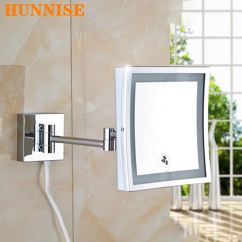 Quadratischer, klappbarer LED-Badezimmerspiegel, hochwertiges Messing, Vergrößerungs-Make-up-Spiegel, Wandmontage, verchromte, beleuchtete LED-Badezimmerspiegel