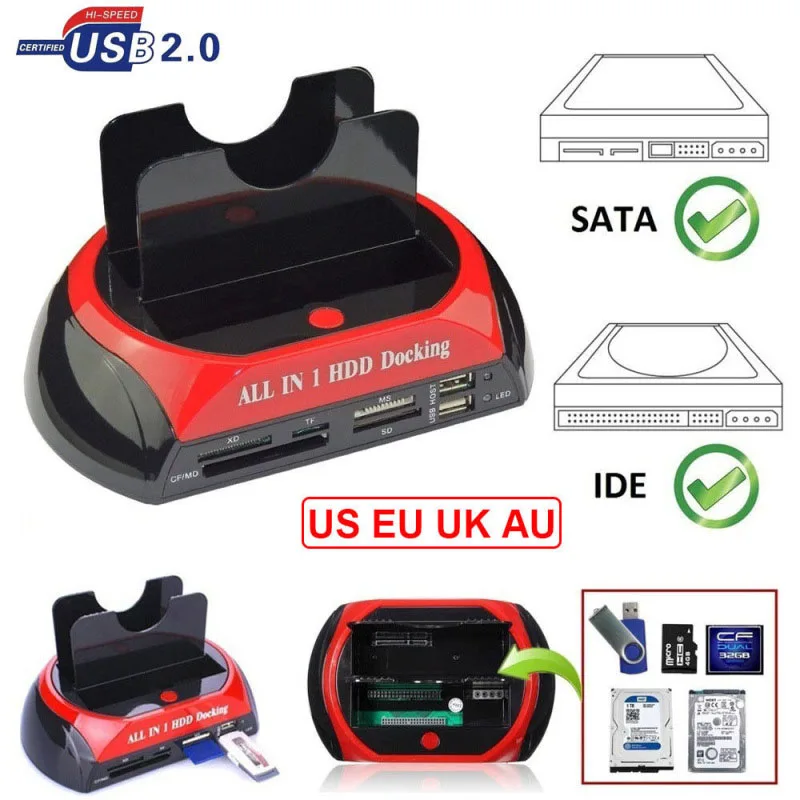 Hannord All-in-1-HDD-Docking, multifunktional, 2,5/3,5 Zoll SATA, Multifunktions-HDD-Dockingstation, IDE- und SATA-Festplattenbasis, USB-HUB-Lesegerät Image