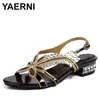 2025 Damen Gold Strass Sandalen Niedrige Absätze Plus Größe 43 44 Sommerschuhe Party Sandalen Knöchelriemen Schwarz Lila