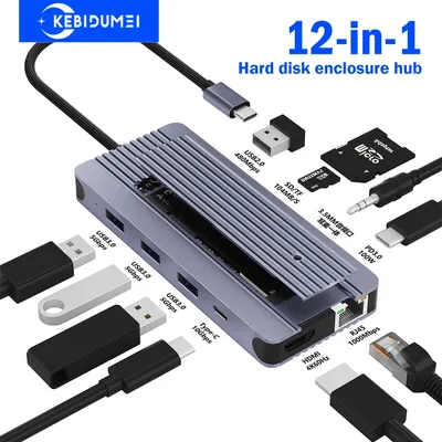 12-in-1 M.2 SSD Gehäuse Hub USB C Docking Station USB Husb TYP C zu HDMI Adapter 4K60Hz 1000Mbps PD100W USB3.0 Für Macbook