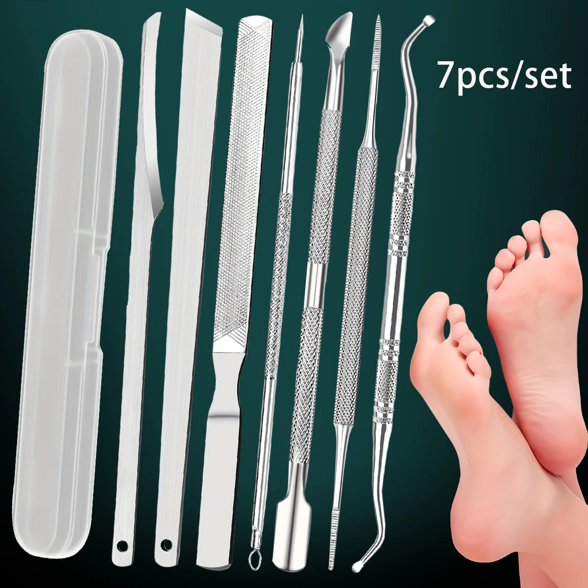7-teiliges Pediküre-Werkzeugset – Fußfeile, Raspel, Peeling für glatte Haut, Hornhautentfernung, Nagelhautpflege – tragbare Reiseetui inklusive Image