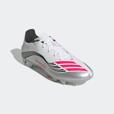 Fußballschuh ADIDAS PERFORMANCE "F50 MESSI CLUB FÜR HART- UND ASCHENPLÄTZE", Gr. 48, cloud weiß, lucid rot, silber metallic, Synthetik, sportlich, Schuhe, geeignet für Rasen- und Kunstrasenplätze Image